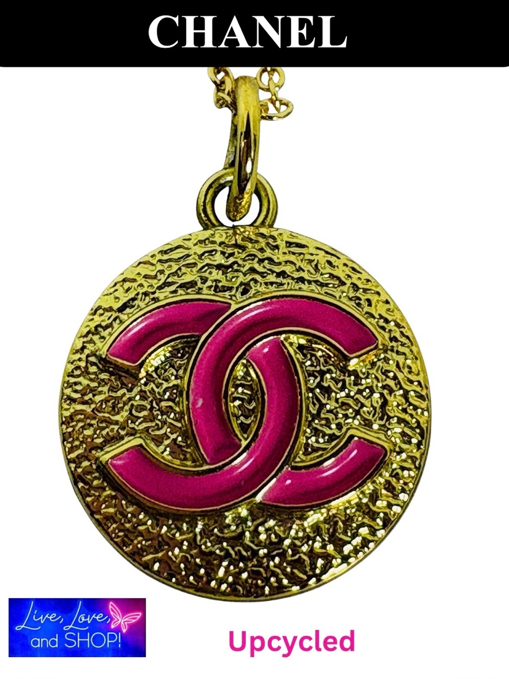 CHANEL Pink & Gold CC Zipper Pull Tag w/Stamp Upcylced w/Necklace, EUC